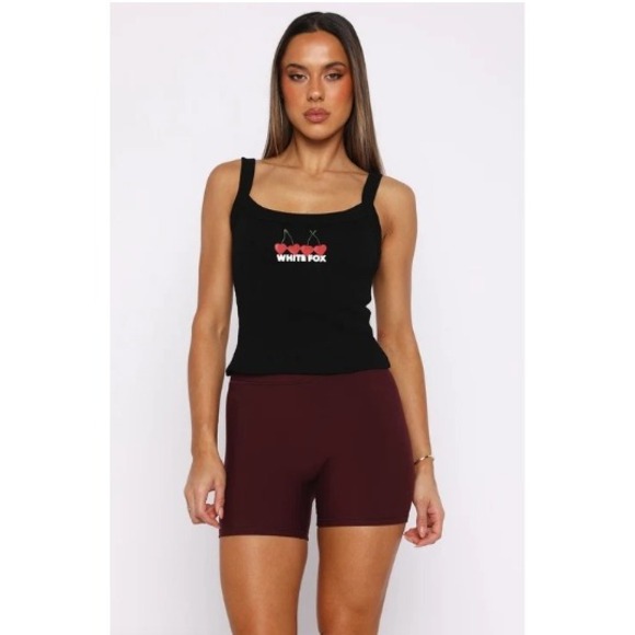 White Fox Boutique Tops - White Fox Cherry Logo Ribbed Crop Tank Top Black Size Small